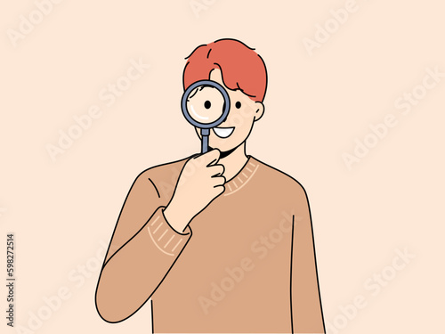 Smiling man with magnifying glass search for information or data. Happy guy with magnifier look for important message doing research. Vector illustration.  Generative AI