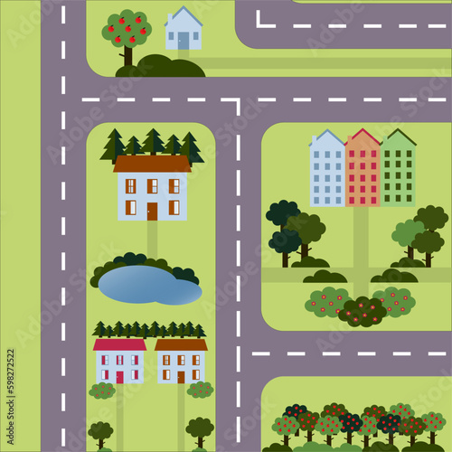 "City map map, cityscape - vector illustration Cityscape design elements with road, park, transport, people, buildings, trees set. May be used for web site, brochure design, infographi"