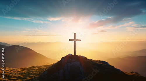 cross crucifixion of the crucifixion of jesus christ on a mountain with a sunset background. Generative AI © artem