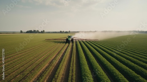Tractor spraying pesticides on soybean fields. AI generative.