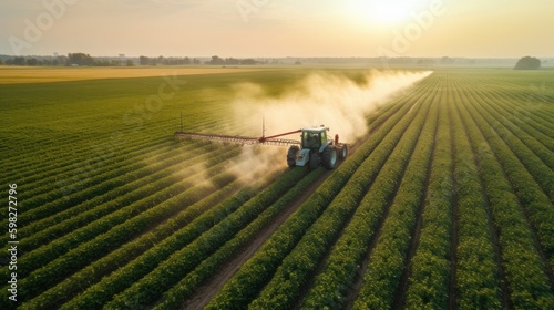 Tractor spraying pesticides on soybean fields. AI generative.