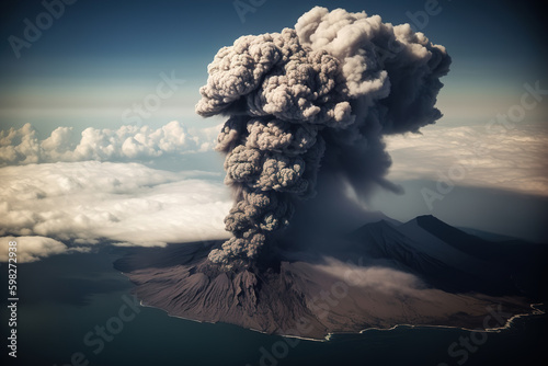 Volcanic eruption, explosion on mountain. An aerial view of an ash cloud, dangerous natural phenomenon on island. Generative AI