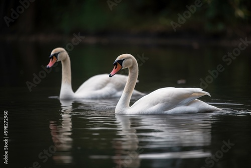 A pair of swans swimming together in a pon photo