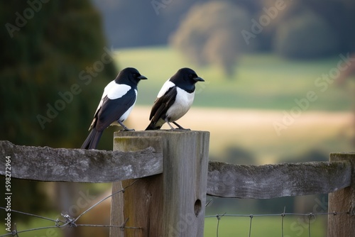 A pair of magpies sitting on a fence pos