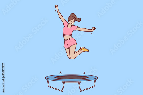 Woman fitness trainer jumps on trampoline teaching clients of sports club to do exercises correctly. Girl is engaged in fitness using trampoline for jumping helping to become slim and Generative AI