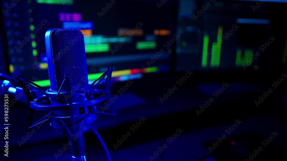 Close shot of a professional studio condenser microphone with audio editing software recording in soft-focus in the background. The sound recording studio is lit with a deep blue light.