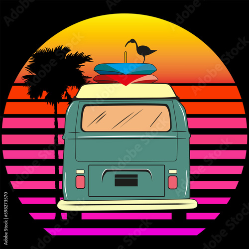 Vintage van back side view with surf tables on top, with color sun, palm silhuette 