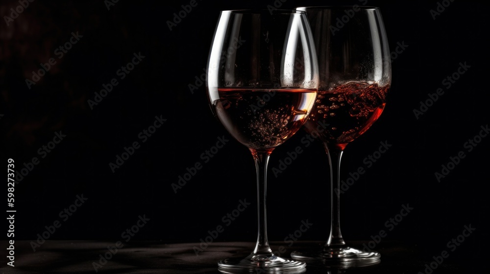 Two wine glasses on dark background. AI generated.