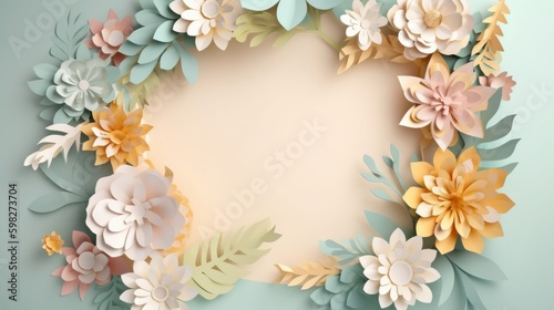 Spring paper cut style flowers frame on paper background. With blank space for text. AI generated. © vadymstock