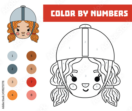 Color by number, education game for kids, Girl in a horse rider helmet