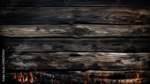 Burnt wood planks background. AI generated.