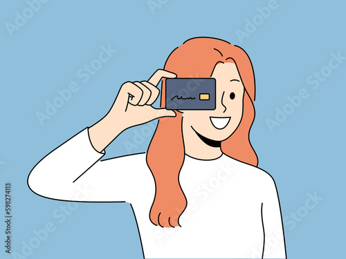 Smiling woman holding plastic credit card in hands. Happy female user with bank card enjoy effortless contactless payment. Vector illustration.  Generative AI