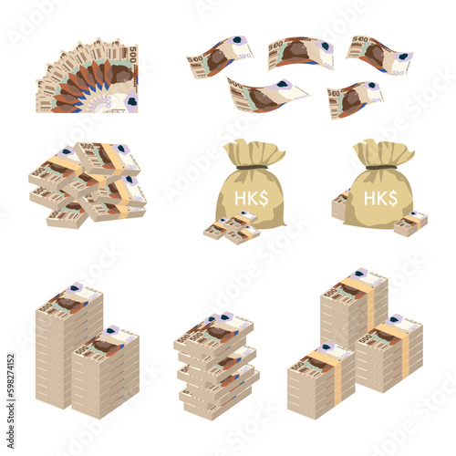 Hong Kong Dollar Vector Illustration. Huge packs of Hong Kong, Macau money set bundle banknotes. Bundle with cash bills. Deposit, wealth, accumulation and inheritance. Falling money 500 HKD