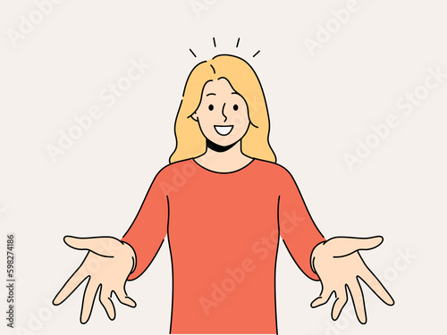 Smiling woman with arms open feel positive and optimistic meeting someone. Happy girl stretch hands welcoming newcomer or newbie. Vector illustration.  Generative AI