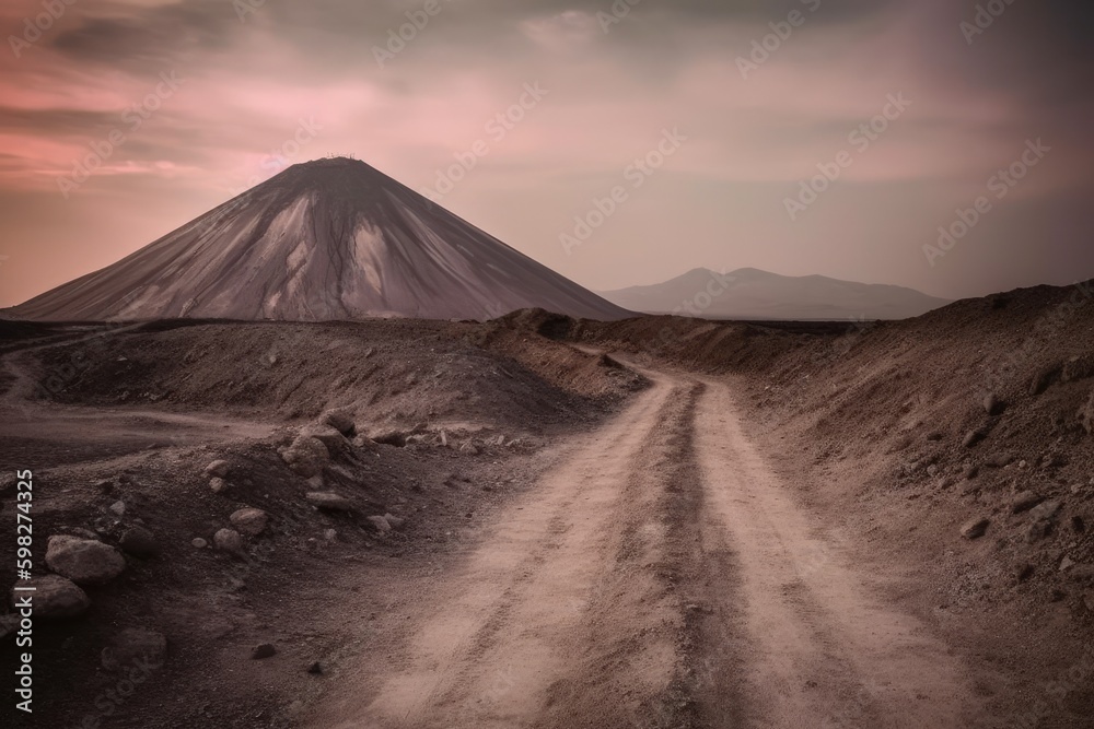 scenic dirt road with a majestic mountain in the background. Generative AI Generative AI