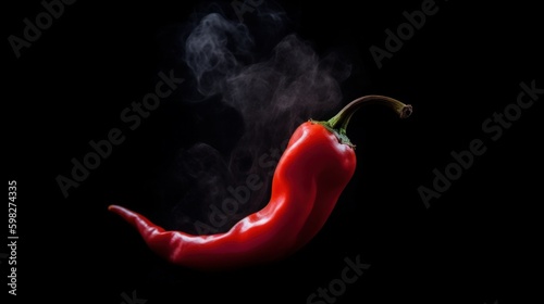Hot red smoky chili pepper on a black background. AI generated.