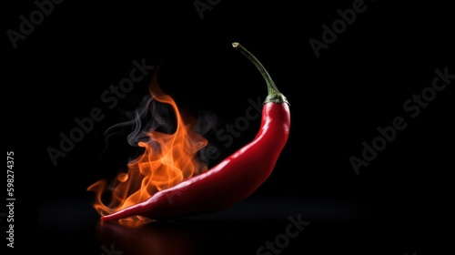 Hot red smoky chili pepper on a black background. AI generated.