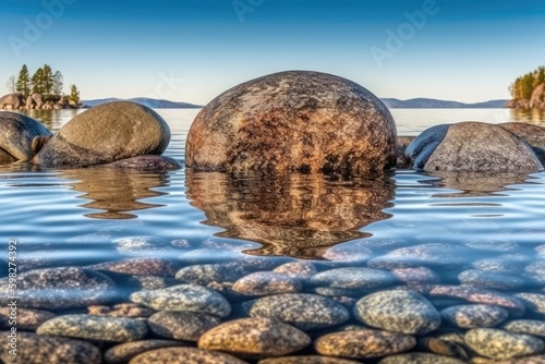 rocks in the middle of a serene body of water. Generative AI Generative AI