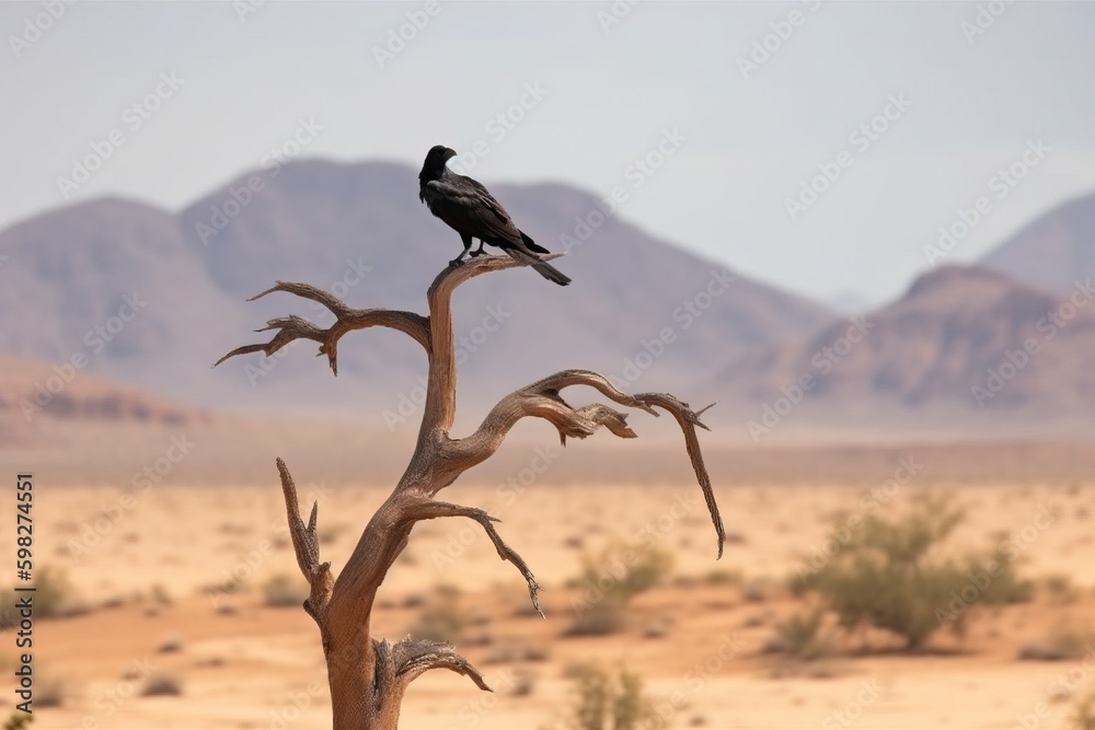 Naklejka premium A raven perched on a barren tree branch in a desert landscap