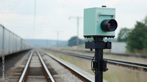 Tracking camera on the railway tracks. Security system, technology. AI generation