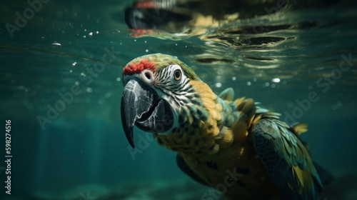 Parrot swimming underwater. Abstract unreal illustration. AI generative.