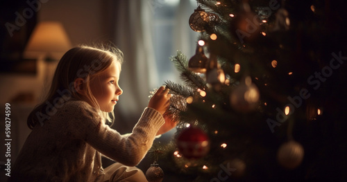 Fotografia happy little girl decorating christmas tree at home, winter holidays, charity an