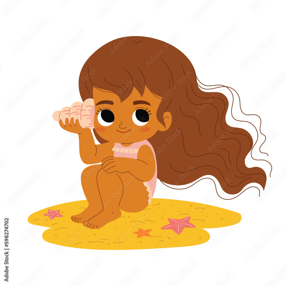 Cartoon vector illustration, Cute cartoon girl sits on the beach with a ...