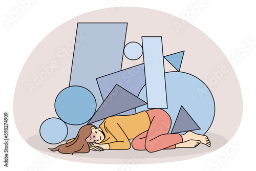 Unhappy stressed young woman immobile under life troubles burden. Upset girl distressed with psychological or mental problems. Depression and stress concept. Vector illustration. Generative AI