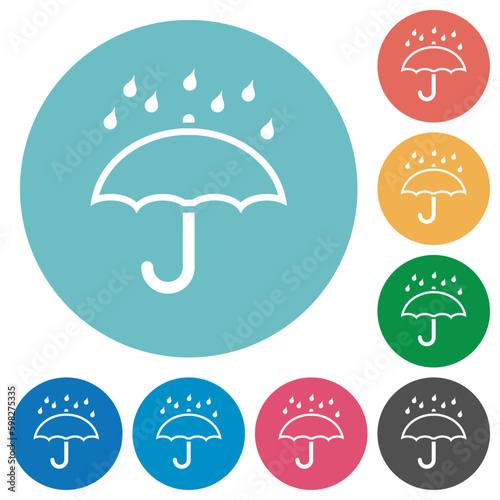 Umbrella with rain outline flat round icons