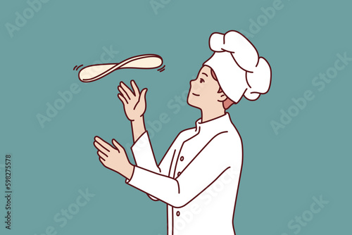 Man chef prepares pizza by tossing dough in open kitchen restaurant with traditional italian food. Guy in chef hat works in pizzeria and cook pizza according to classic old recipe. Generative AI
