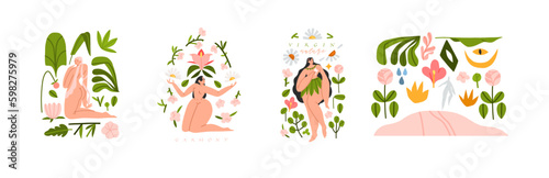 Hand drawn vector abstract modern graphic illustration of female characters in nature with abstract shapes,leaves,flowers.Feminine nature concept.Woman mental health concept design.Woman body care.