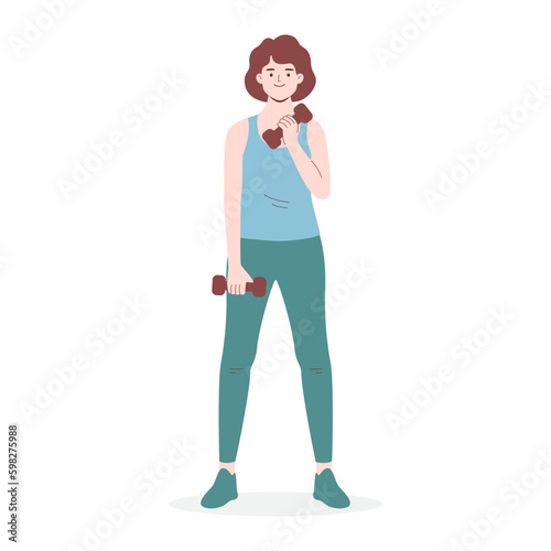 Fitness woman exercising with dumbbells, cartoon character