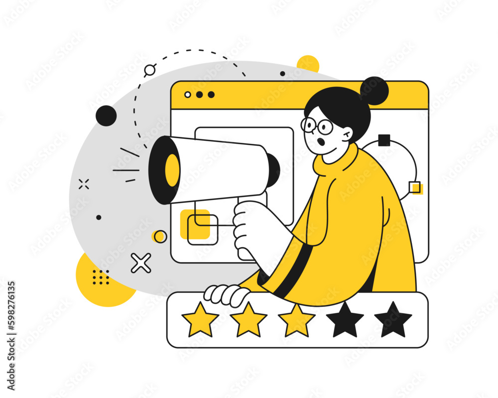 Marketing and promotion of business, product or services. Webpage with rating and reviews stars from customers and clients. Woman with megaphone. Vector in flat cartoon illustration