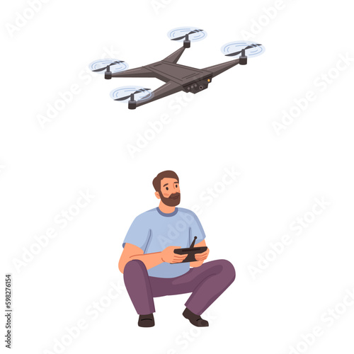Drone controlled by man, isolated unmanned aerial vehicle with camera collecting data. Aircraft for playing, uav with controller. Vector in flat cartoon illustration