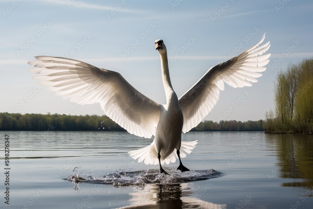 Obraz premium A swan spreading its wings in flight over a lak