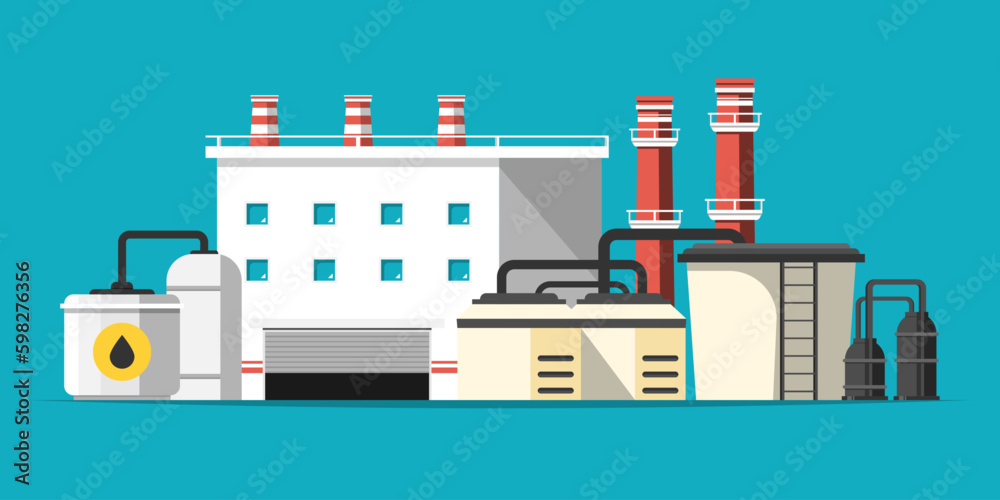 Cartoon oil refinery factory on isolated background, Digital marketing illustration.