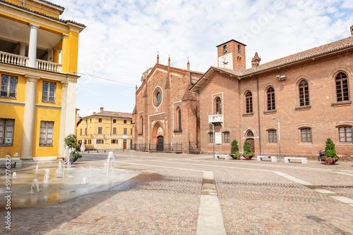 Mons Dughera square with the church of San Lorenzo in Mortara, Province of Pavia, region of Lombardy, Italy