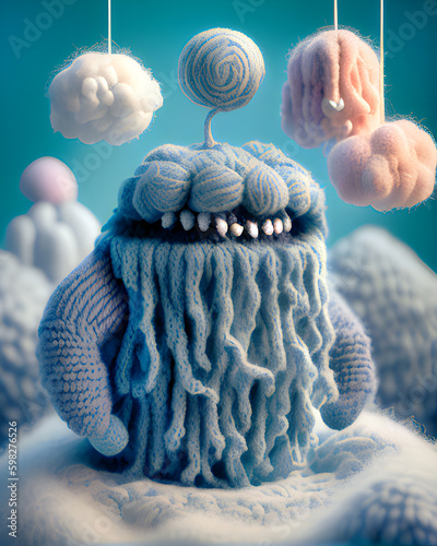 Ai generated, graphic, mock up, model of cute monster toys in wool weaving materials texture, nice toy, cartoon animation, kids style, doll