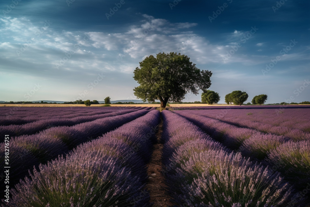 Obraz premium A panoramic view of a sprawling lavender field, with a quaint French farmhouse in the distance. Ai generated.