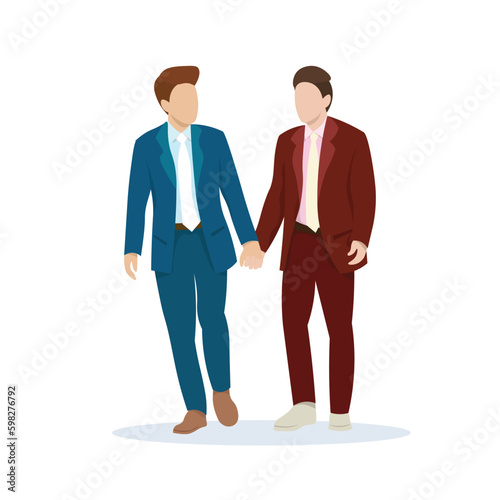 Vector illustration of gay couple holding hand in formal look and express love. Flat charactor with no face for LGBTQ concept on white background
