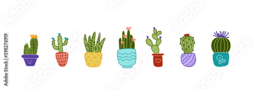 Cactus set. Cacti clip art. Flowering plants. Flat, cartoon, vector Generative AI