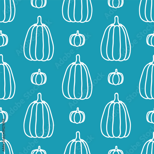 Blue seamless pattern with outline pumpkins