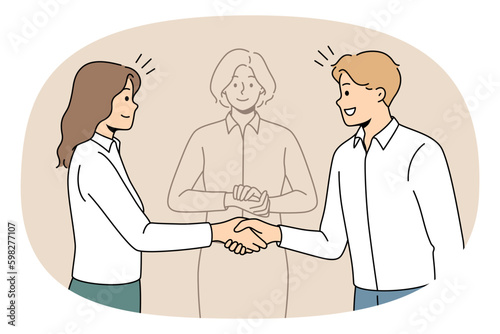 Business partners shake hands find solution with help of mediator. Happy employees or colleagues come to agreement resolve problem with impartial arbitration. Vector illustration. Generative AI photo
