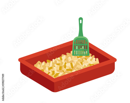 Litter box with filler for cat toilet with scoop. Cartoon, flat, vector Generative AI