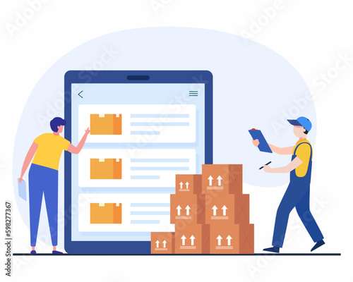 Warehouse workers Check inventories before shipping using tablet and Checking boxes., concept of Inventory control system.	
