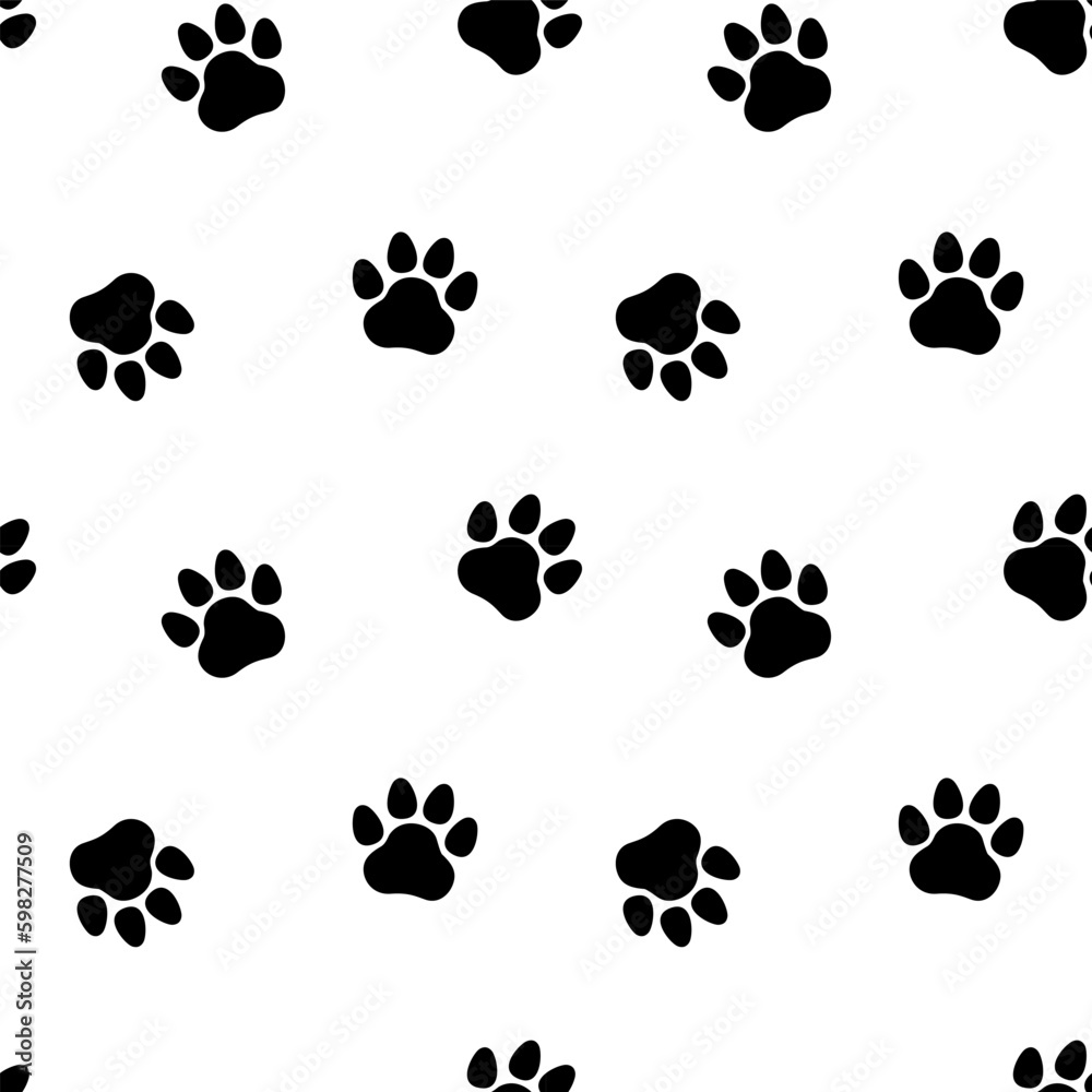 Fototapeta premium Black footprints on seamless pattern. Cat, dog, pet, animal paw print. Vector Generative AI