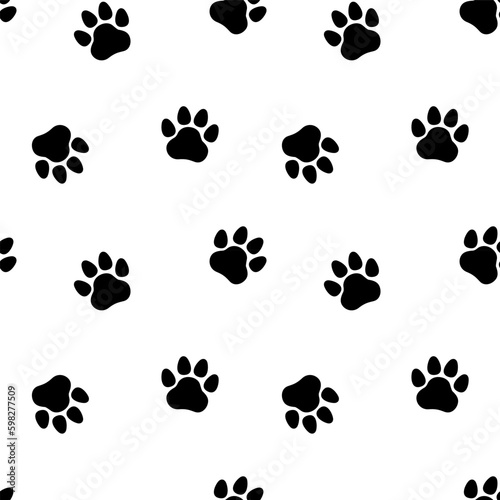 Black footprints on seamless pattern. Cat  dog  pet  animal paw print. Vector Generative AI