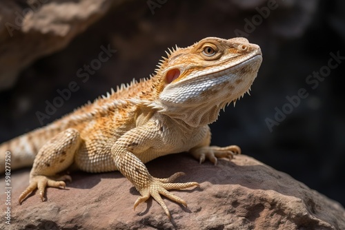 A bearded dragon perched on a roc