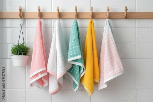 Kitchen towels haning on steel rack. Generate AI © nsit0108