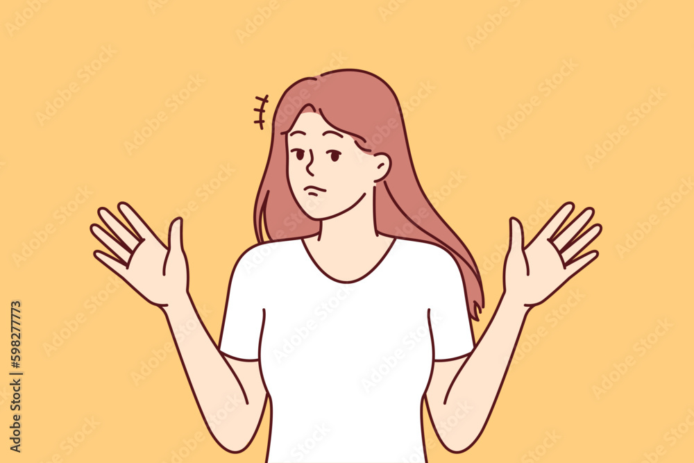 Woman throws up hands, denying involvement in problem or demonstrating ignorance of answers to question asked. Girl raises hands, denying presence of trouble and being in confusion or Generative AI Woman throws up hands, denying involvement in problem or demonstrating ignorance of answers to question asked. Girl raises hands, denying presence of trouble and being in confusion or Generative AI